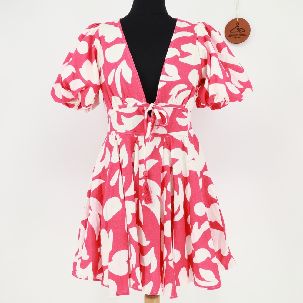 House of Harlow 1960 Linen Blend Abstract Floral Puff Sleeve Mini Dress Size 4